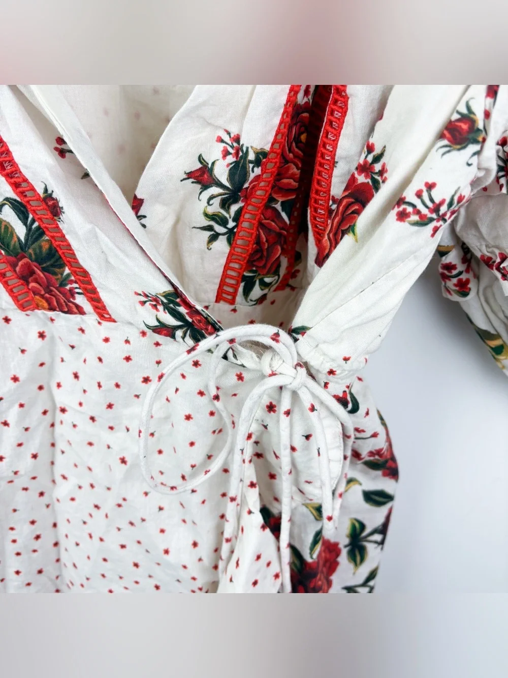 Farm Rio Wrap Blouse Red White Floral Ruffle Puff Sleeve Cotton Anthropologie
